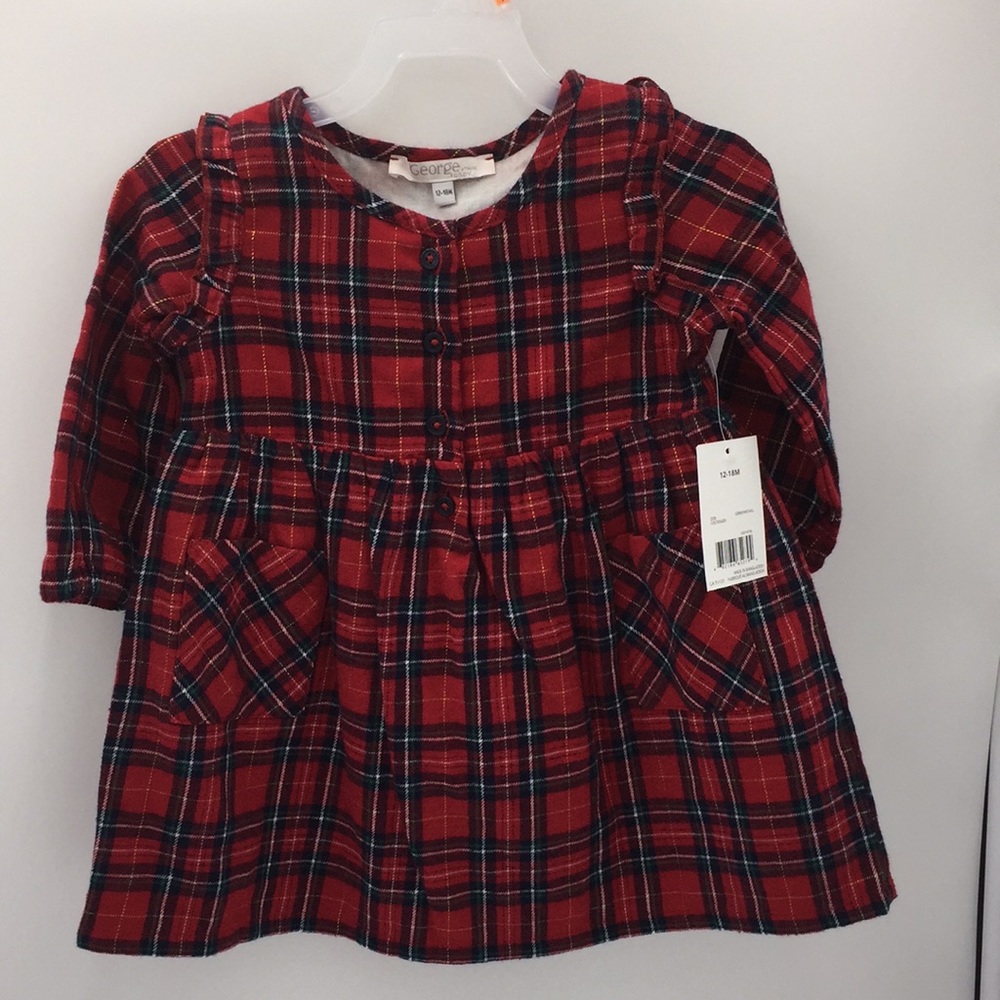 George Baby Girls Holiday Christmas Red Plaid Flannel Dress Size 12-18 Months